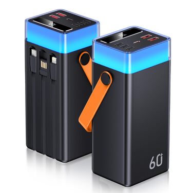 Power Bank 60000mAh 22.5W USB-C: Зовнішній акумулятор з LED-дисплеєм, 3 кабелями, 5 портами, для iPhone, Samsung, Android (Помаранчевий)