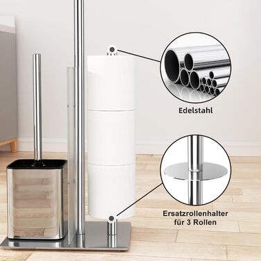 Stainless Steel Toilet Paper Holder Stand with WC Brush - Free Standing Toilet Brush and Toilet Paper Roll Holder with Glass Shelf (Silver)
