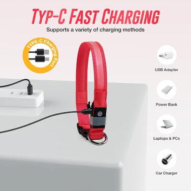 Світлодіодне нашийник для собак Jewyow 7 в 1, перезаряджається USB-C, водонепроникний, червоний (M)