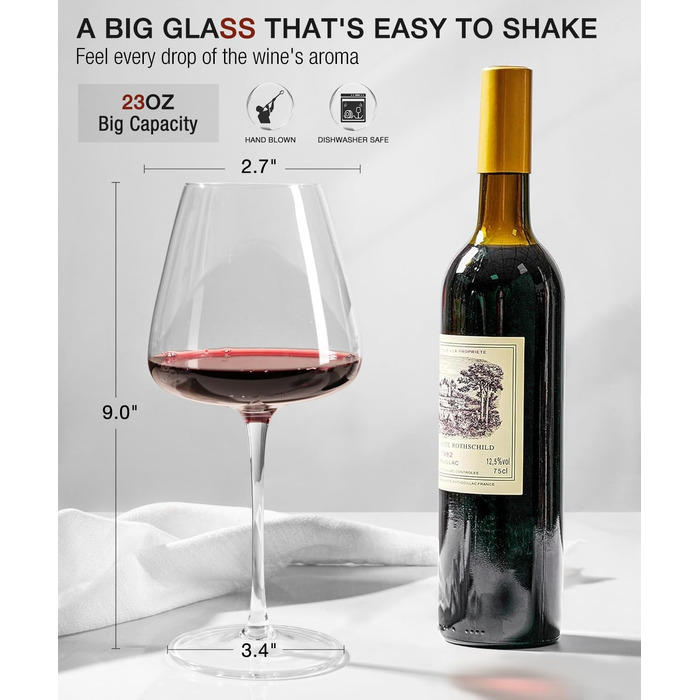 Набір келихів для червоного вина OJA, 4 шт., великі бургундські келихи, 652 мл, виготовлені з ручного видутого кришталевого скла, прозорі, ідеальні для дегустацій вина, дня народження, Різдва, ювілею