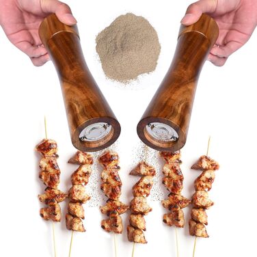 Set of 2 pepper mills made of good wood, salt and pepper mill set, 21 cm length, allows adjustment of the pepper grind, spice grinder with stainless steel core.