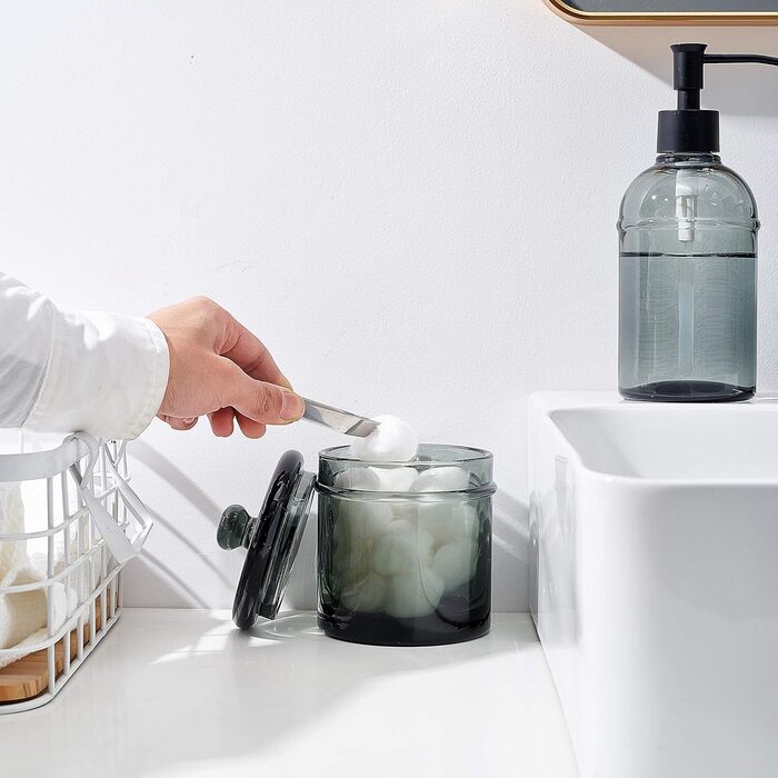 4-piece glass bathroom accessory set with decorative pressed pattern, including soap dispenser, tumbler, soap dish, and toothbrush holder, Blue-Green (Gray)