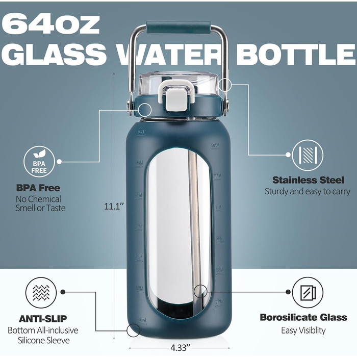 1.9L Glass Water Bottle, Glass Drinking Bottle with Straw and Stainless Steel Handle, Motivational Water Bottle with Silicone Sleeve and Time Marker, Water Pitch, Dark Blue