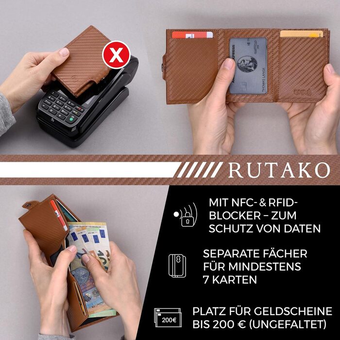 RUTAKO Slim Wallet with XL Coin Pocket & RFID Protection - Card Holder for Men & Women - Small Credit Card Holder - Mini Wallet - Purse/Wallet Small - Wallet Carbon-Cognac