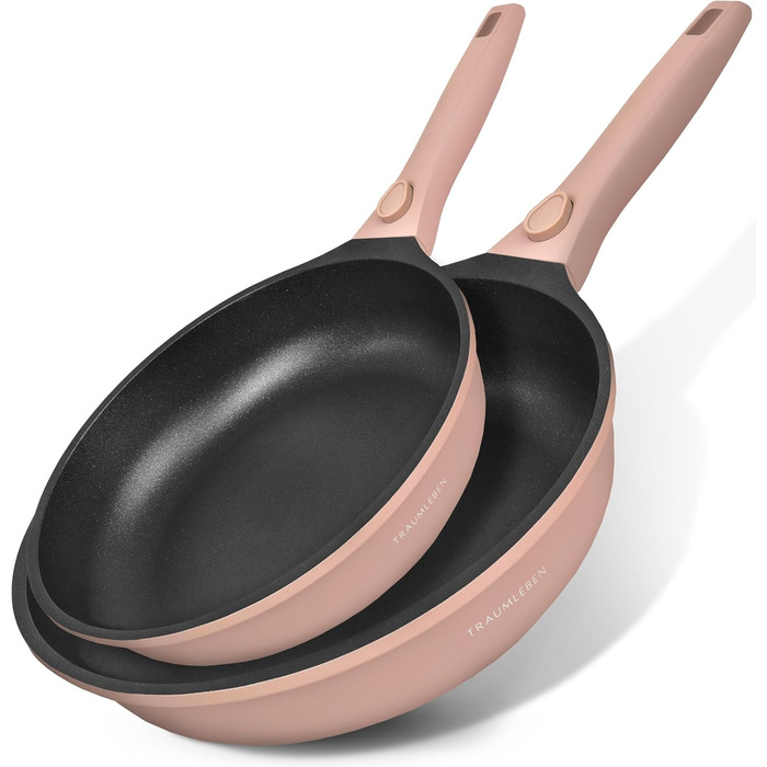 Набір сковорідок TRAUMLEBEN Neu 2-piece 24/28 см з знімними ручками, антипригарне покриття, PFOA free, для індукції, жаростійкий | сковорода з покриттям, сковорода для смаження та універсальна (Рожевий, 24/28 см)