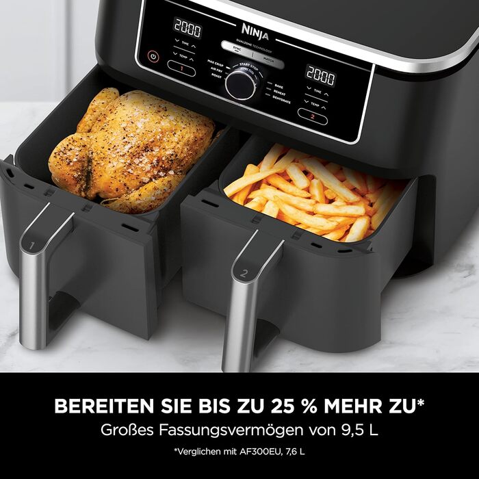 Ninja Foodi MAX Dual Zone Digital Air Fryer, 9.5L Air Fryer, 2 Drawers, Non-Stick Coating, Dishwasher-Safe Baskets, 6-in-1, 8 Portions, Black AF400EU Double Drawer 9.5L Black