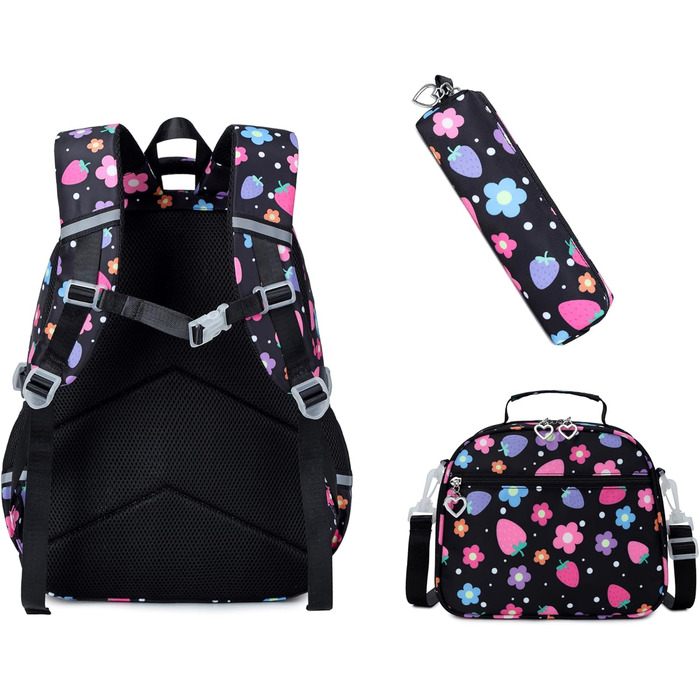 Шкільний рюкзак для дівчинки-підлітка вінтажний, набір. Квітковий дизайн, рюкзак для ноутбука, шкільні сумки для жінок. Підходить для школи, подорожей. У комплекті: ланч-бокс та пенал. Колір: полуниця, чорний