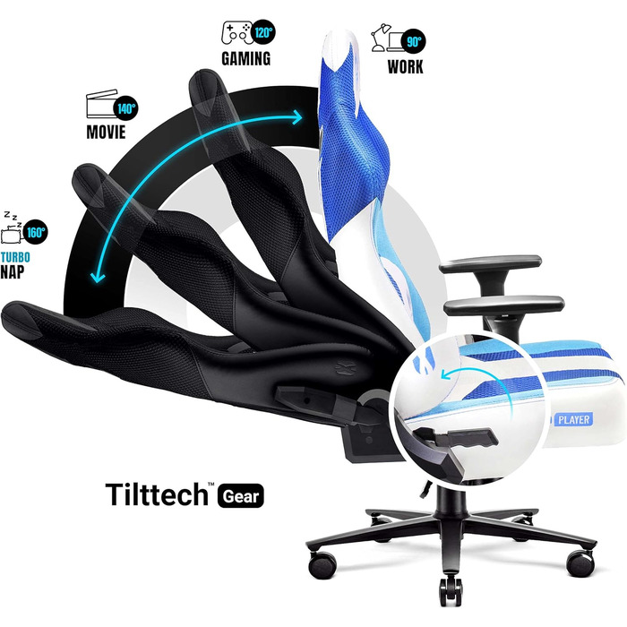 Ігрове крісло Diablo X-Player 2.0 Frost White, тканинне, ергономічне, 3D підлокітники, подушки для шиї та попереку, широка сидушка, вага до 150 кг, офісне/геймерське крісло, розмір L