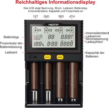 Зарядний пристрій для акумуляторів 18650 з 4 слотами, LCD-дисплеєм, для Li-Ion, LiFePO4, NI-MH, NI-Cd, AA, AAA, C, 18350, 18500, 18700, 20700, 21700, 26650, RCR123