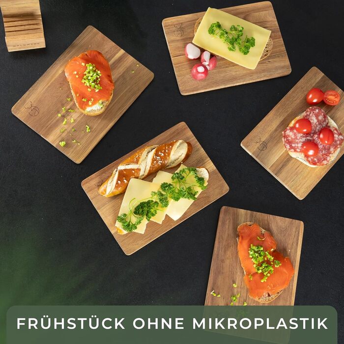 WALDWERK Breakfast Boards Set of 5 (23 x 16 x 1 cm) made of solid acacia wood - Wooden breakfast boards with stand - 5 wooden cutting boards - Boards perfect for breakfast