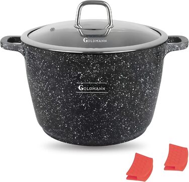 Каструля Goldmann 28 см з алюмінію з нержавіючою сталлю (10 л) з силіконовими ручками, антипригарне покриття з мармурової кераміки та скляною кришкою