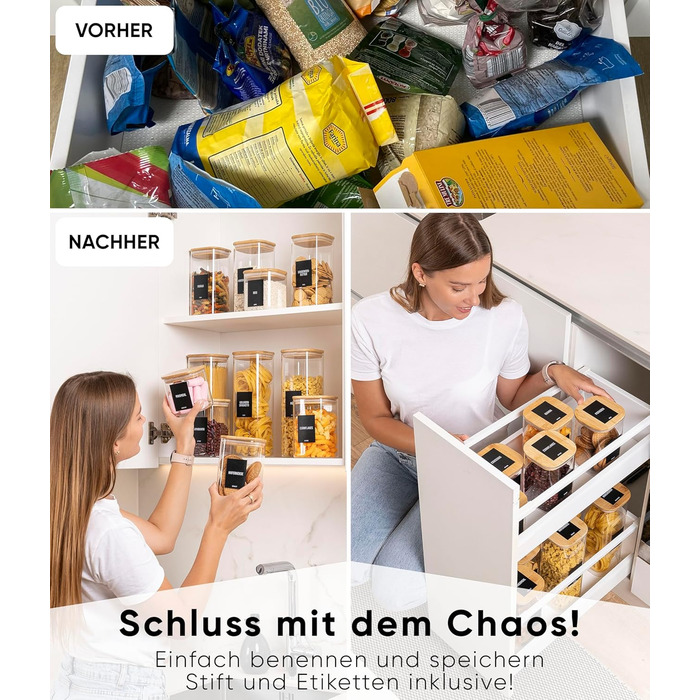 Скляні банки для зберігання Deco haus® з кришкою, набір 6 шт. [+ЕТИКЕТКИ] - 10x21 см