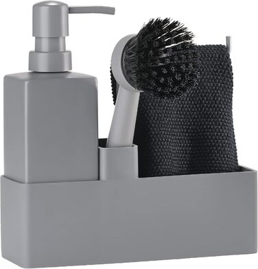 Zone Denmark Dishwashing Set, Dish Organizer with Soap Dispenser/Dish Soap Dispenser, Dishcloth and Dish Brush, 19 x 6 x 20.5 cm, 4-Piece Set, (0.4 liters, Cool Grey)