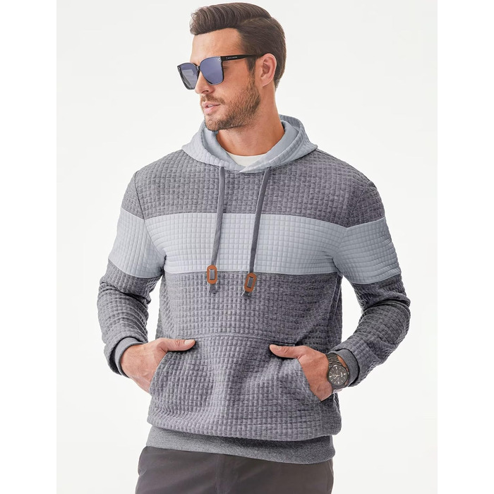 Худі чоловіче з довгим рукавом, теплий світшот з капюшоном, кольоровий блок, модель A (темно-сірий, L)