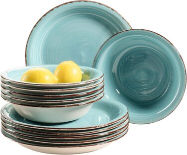MÄSER Bel Tempo II Dinnerware Set for 6 People with a Modern Vintage Look, 12-Piece Tableware Service, Hand-Painted, Turquoise, Stoneware, 27 centimeters