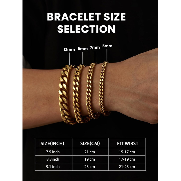 Чоловіча ланцюжок-браслет Bestyle з нержавіючої сталі, 5/7/9/12.5 мм, 19/21/23 см, стилі Miami, з подарунковою коробкою