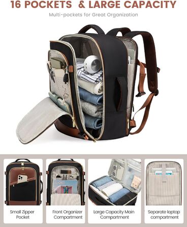 LOVEVOOK Рюкзак ручної поклажі 40L, жіночий водонепроникний рюкзак для подорожей з відділенням для взуття, рюкзак для ноутбука (17.3 дюйми) для школи, роботи, подорожей (чорний+каштанового кольору)