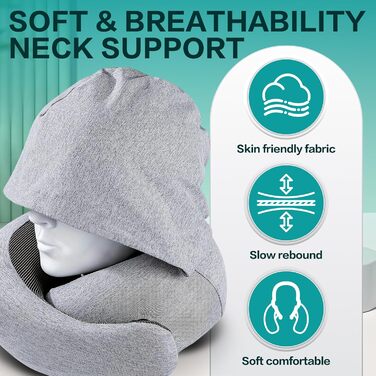 Подушка для шиї в літак/автомобіль/потяг: регульована подушка з Memory Foam, капюшоном, маскою для сну та чохлом. Підтримка голови та шиї для комфортної подорожі.