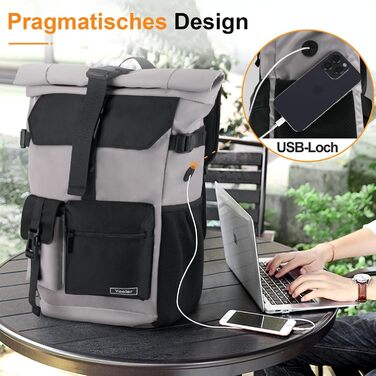 Roll-top Backpack Waterproof, 27L Large Backpack Men Women, School Backpack with 17.3 inch Laptop Compartment, Travel Backpack Hiking Backpack for Business Work University Travel Leisure (Gray)