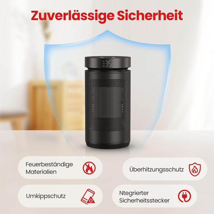 Електричний обігрівач 1500W з термостатом, PTC-кераміка, захист від перегріву та перекидання, 3 режими, таймер 12h, осциляція 70°, для дому, кемпінгу, офісу