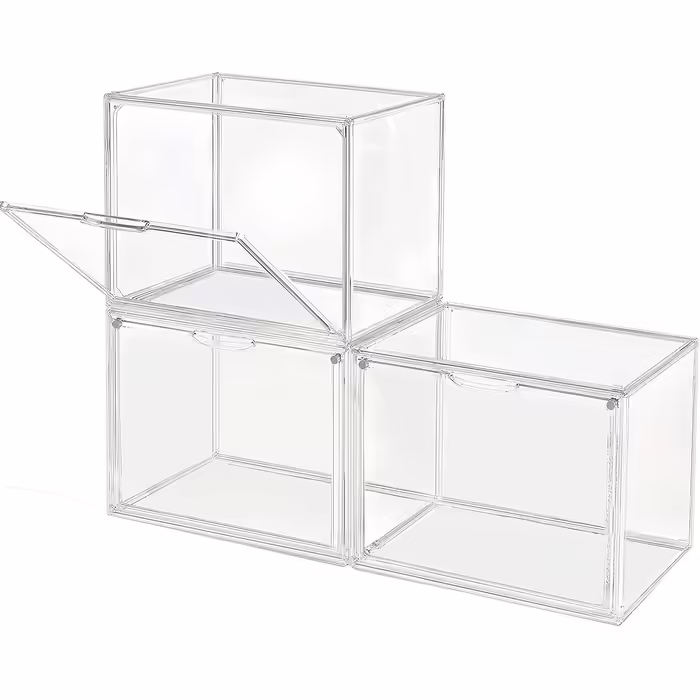 GUDEMAY Transparent Stackable Plastic Boxes with Magnetic Closure - Dustproof Storage Display Case Showcase Ideal for Figurines, Books, Cosmetics, Shoes, and Handbags (3-Piece Set) Transparent - 3-Piece Set