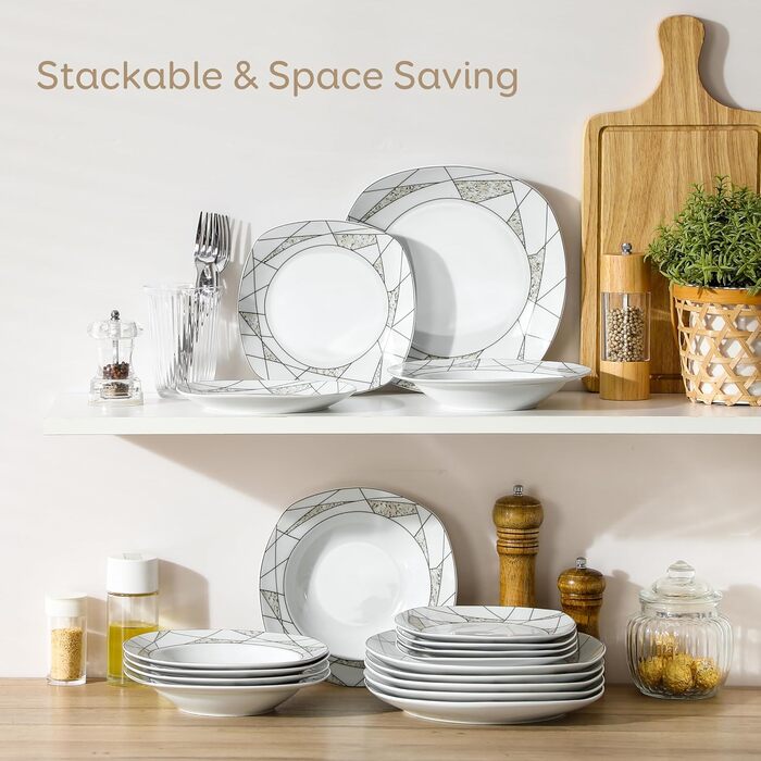 VEWEET Сервіз столовий 'Serena' з порцеляни, 24 частини | Комплект включає миски для каші, десертні тарілки, тарілки для їжі та супові тарілки | Сервіз для 6 осіб/ресторану/сім'ї (Білий, 18-частинний сервіз)