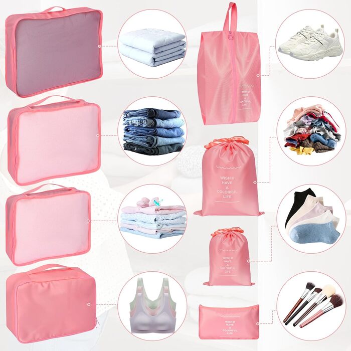 Органайзер для валізи Zorplex, набір 10 шт: кубики для пакування, аксесуари для подорожей, сумочки для одягу, взуття та косметики (рожевий)