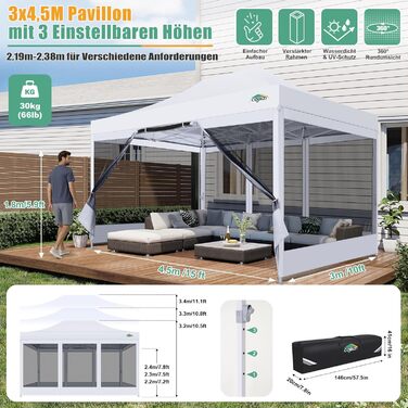 COBIZI Pavilion 3x3m Foldable, Waterproof & Winter-Proof – Stable Garden Tent with 23mm Steel Pipe, UV50+ and Mosquito Nets for Camping/Parties + Carry Bag (White, 3mx4.5m)