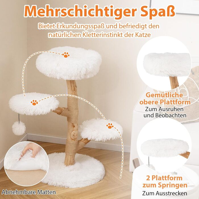 Дерев'яна кігтеточка для котів Costway 90 см з 3 м'якими лежаками, мотузкою та кігтеточкою з джуту, 4-ярусна, білий + натуральний колір