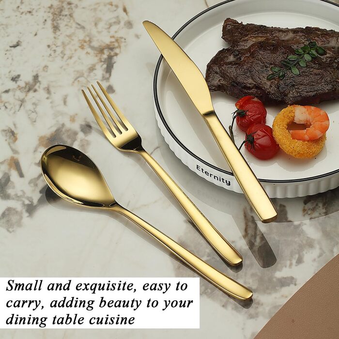 Gold Cutlery Set - 60-Piece Service for 12 People, Gold-Colored Titanium Stainless Steel Cutlery Set, Gold Spoons, Forks, and Knives Set for Home, Wedding, Restaurant, Hotel, Dishwasher-Safe