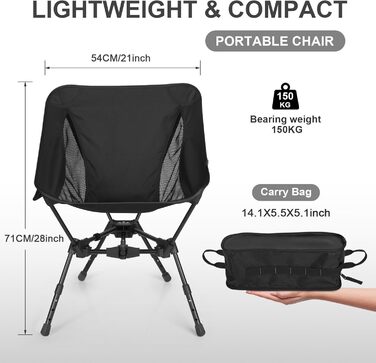 Складний туристичний стілець TOPCHANCES для кемпінгу та відпочинку на природі. Міцний, легкий, з кишенею, чорний