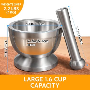 Ступка з товкачиком Sopito, нержавіюча сталь, 380 мл, діаметр 10 см - для спецій та трав