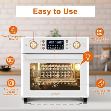 Аерофритюрниця LLIVEKIT 26 л, міні-піч з конвекцією, 14-в-1, 360° циркуляція повітря, швидке та здорове приготування з низьким вмістом жиру, енергозбереження 60%, 1700 Вт, кремова, 8 аксесуарів, книга рецептів