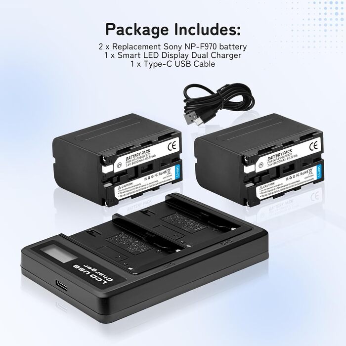 Акумулятор Sony NP-F970 8800mAh (2 шт.) + USB зарядний пристрій для NP-F960/950/930/550/570/750 для відеокамер, моніторів, світла
