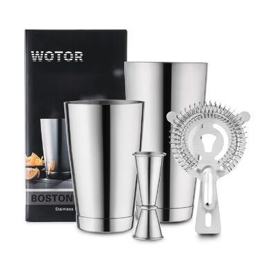 Набір для коктейлів WOTOR Boston: шейкер 18oz та 28oz, сито, подвійний джигер, професійний барний інвентар (срібло)