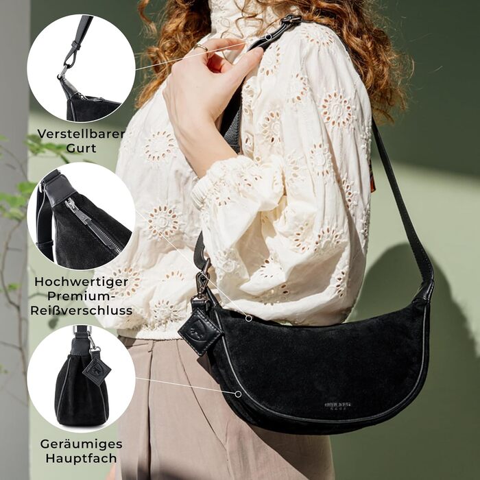 Сумка через плече Berliner Bags Luna, шкіряна жіноча, чорна замша, напівмісяць