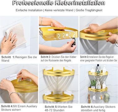 Поличка для душу без свердління, кутова поличка для ванної кімнати з алюмінію Space, трикутна корзина для душу з гачками, органайзер для шампуню, антикорозійна (2 шт., піскоструминне золоте покриття)