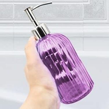 Набір з 2 скляних дозаторів для мила з помпою, 400 мл, для мила, шампуню, лосьйону, багаторазові, для кухні, ванної, пральні (фіолетовий)