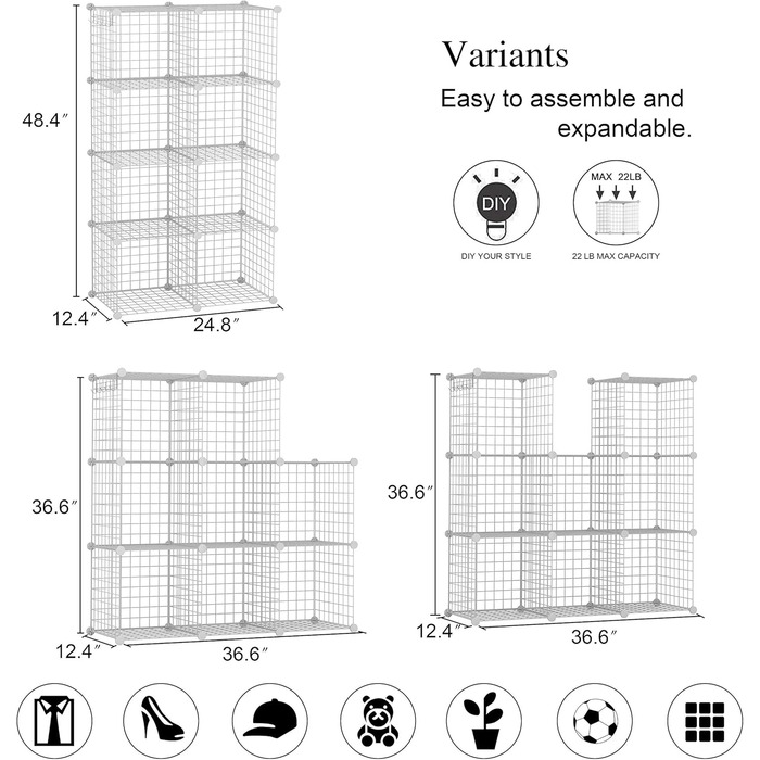 C&AHOME Wire Cube Storage, 6 - Metal Cube Organizer with C-Grid, Modular Shelf Units, Storage Shelf Racks, Closet Organizer, 93.5 in L x 31.8 in W x 93.5 in H, (8 Cubes, White)