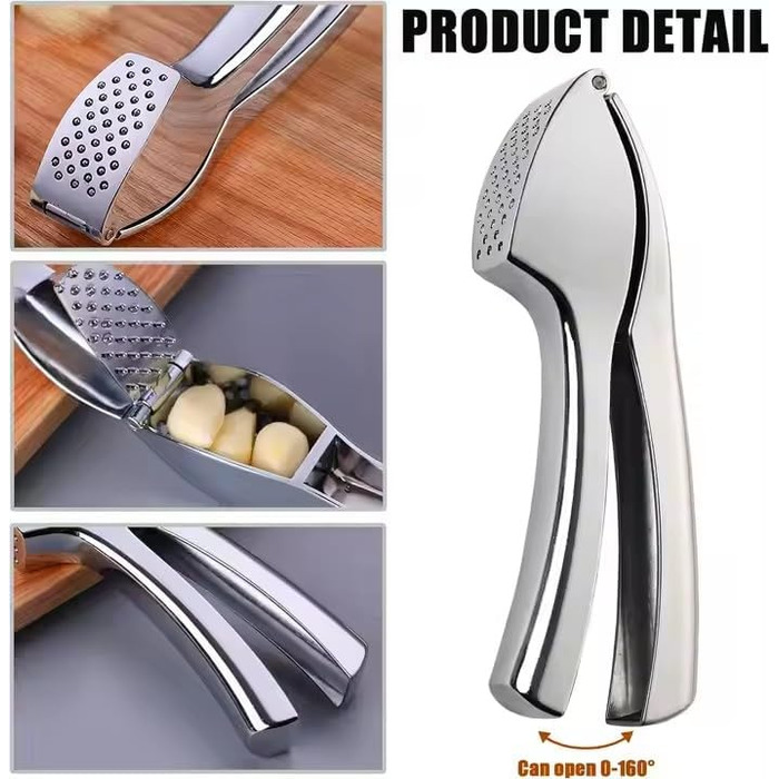 Пресс для часнику з нержавіючої сталі, 15,5 x 2,5 см, кут відкривання 160°, придатний для миття в посудомийній машині, чорно-срібний