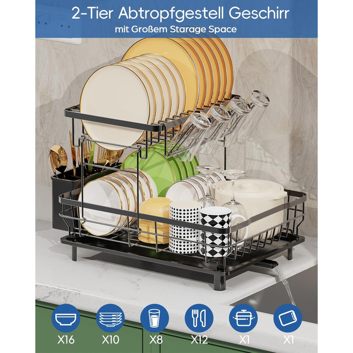 LIONONLY Dish Drying Rack, Large 2-Tier Dish Drying Rack with Drip Bowl, Stainless Steel Dish Drying Rack with Utensil Holder, Beverage Holder, and Swivel Spout, Dish Drying Stand Kitchen