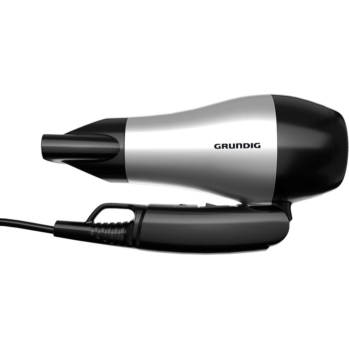 Компактний дорожній фен Grundig HD 2200 Sport & Reise, 1200 Вт, 2 режими температури та швидкості, складана ручка, сріблясто-чорний