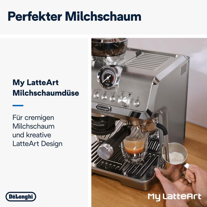 De'Longhi La Specialista Arte Evo EC9255.T Semi-automatic espresso machine with grinder, cold brew function, 8 grind settings, 15 bar, 3 temperatures, milk frothing wand, titanium finish, including barista kit. With Cold Brew function, espresso machine, titanium.