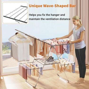 Сушарка для білизни Bigzzia, складана двоярусна стійка для прання з нержавіючої сталі, велика та компактна, сіра (модель «Крило чайки»)