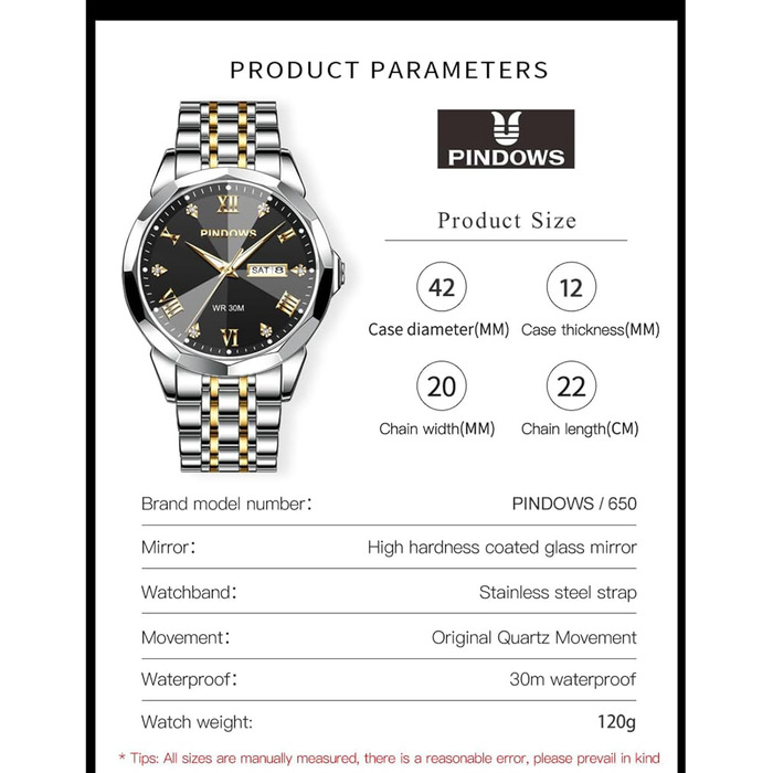 Годинник чоловічий PINDOWS Luxus Quarz з датою та великим циферблатом, водонепроникний, стильний бізнес-годинник. Елегантний двоколірний класичний годинник з нержавіючої сталі з підсвічуванням та календарем. Артикул: De650n2. Срібний браслет, чорний циферблат.
