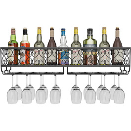 W-612 Metallic Black Wall-Mounted Wine & Champagne Glass Goblets Stemware Rack Holder, 80 x 20 cm Capacity up to 18 Bottles of Wine and 18 Glasses