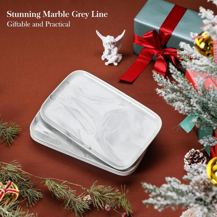 Сервірна таця MALACASA з порцеляни, набір 4 шт. прямокутна, 25 x 14 см, білий мармуровий колір. Ідеально для буфетів, суші, закусок та тортів вдома та в ресторані.