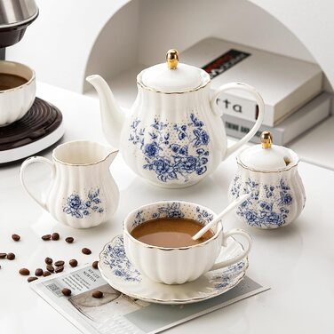 Porcelain Teaservice, Gold Tea Set for Party, Wedding (Blue)
