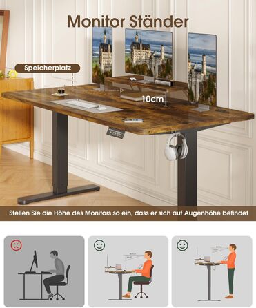 Devoko Electric Standing Desk 160x70cm with Monitor Stand, Memory Height Adjustment, Ergonomic Sit-Stand Desk (120x60cm, Vintage Brown)