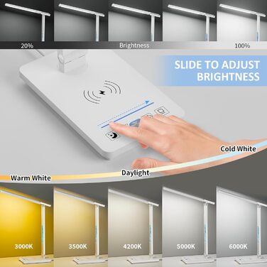 LED лампа настільна YAMYONE з бездротовим зарядним пристроєм та USB-портом, 5 кольорів, регулювання яскравості, нічник, годинник, термометр, для офісу та навчання, білий колір